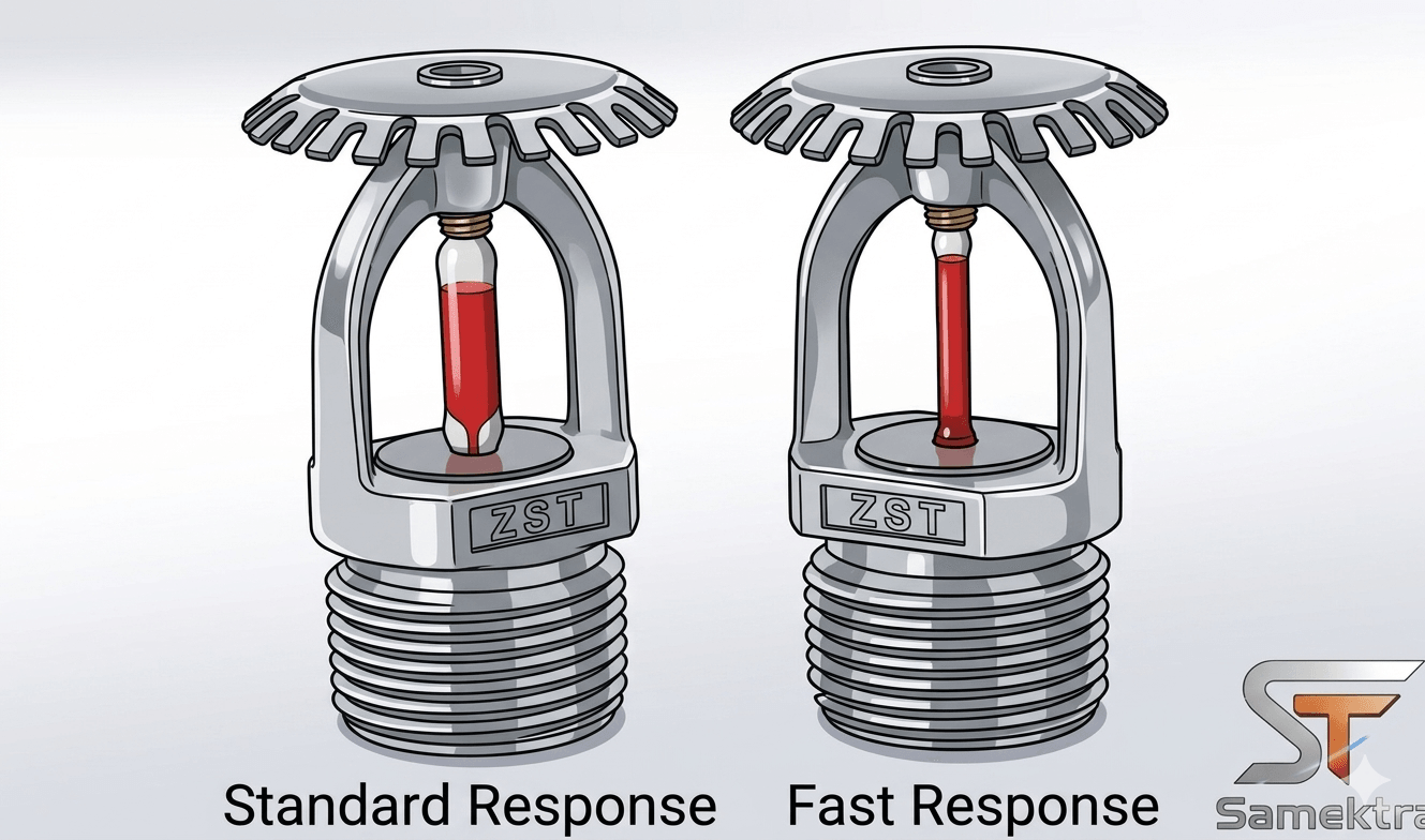Side-by-side comparison of a standard-response sprinkler head with a thick 5mm glass bulb and a fast-response (quick-response) sprinkler head with a thinner 3mm glass bulb, illustrating that bulb diameter is the primary visible difference in RTI